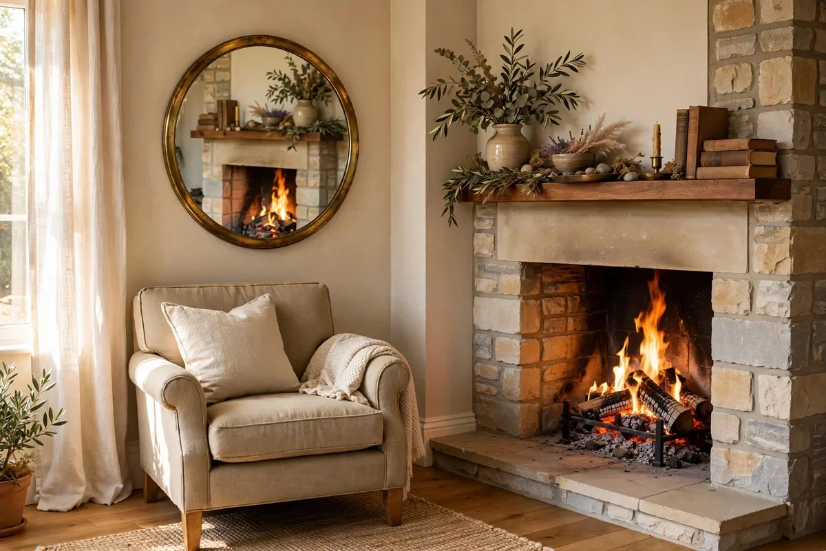 Round brass framed mirror on the wall beside a corner fireplace