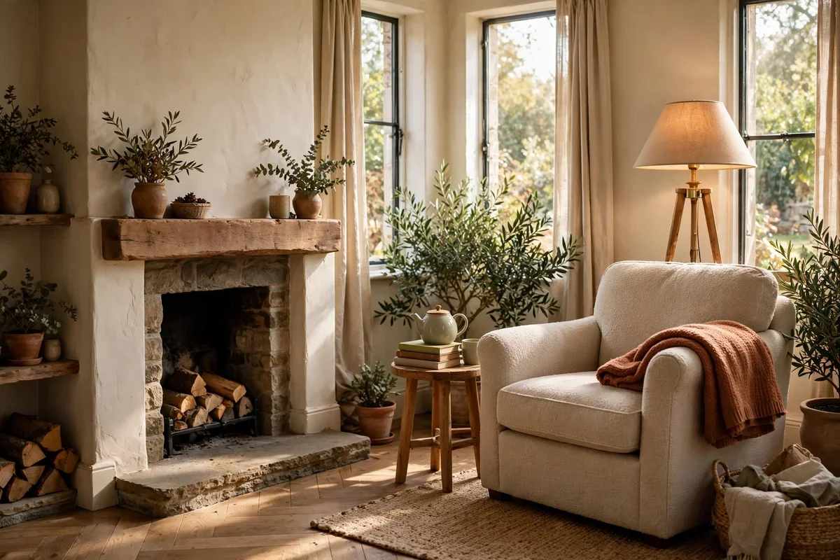 Cozy reading chair with floor lamp and side table in the opposite corner