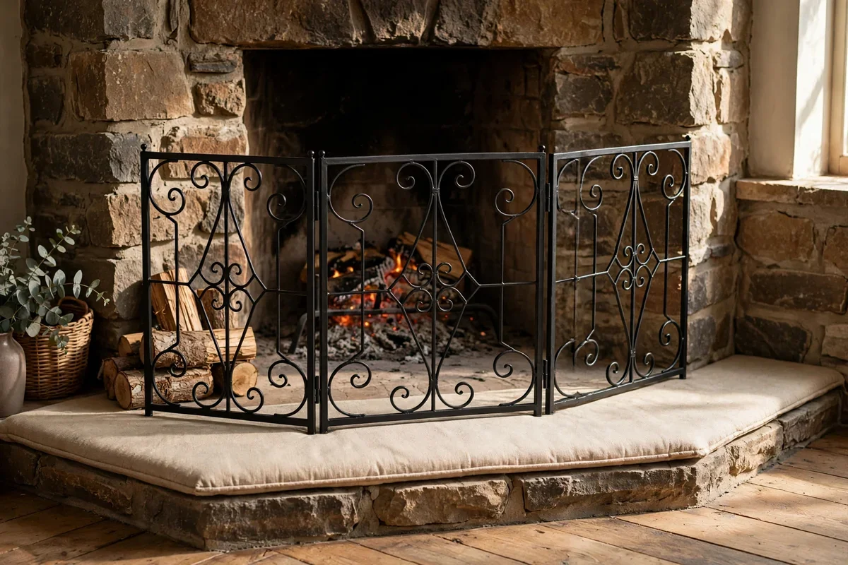 Three panel metal hearth gate spanning the angled faces of a corner fire