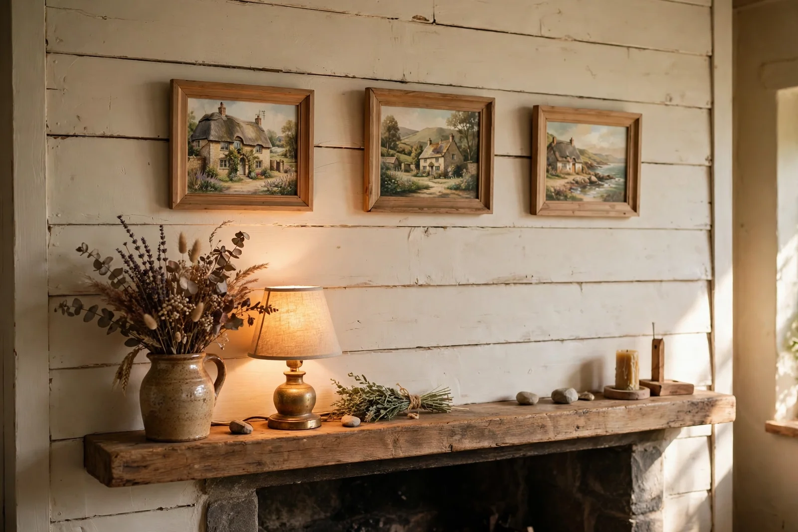 Cottage paintings in plain wood frames above a cozy farmhouse mantel