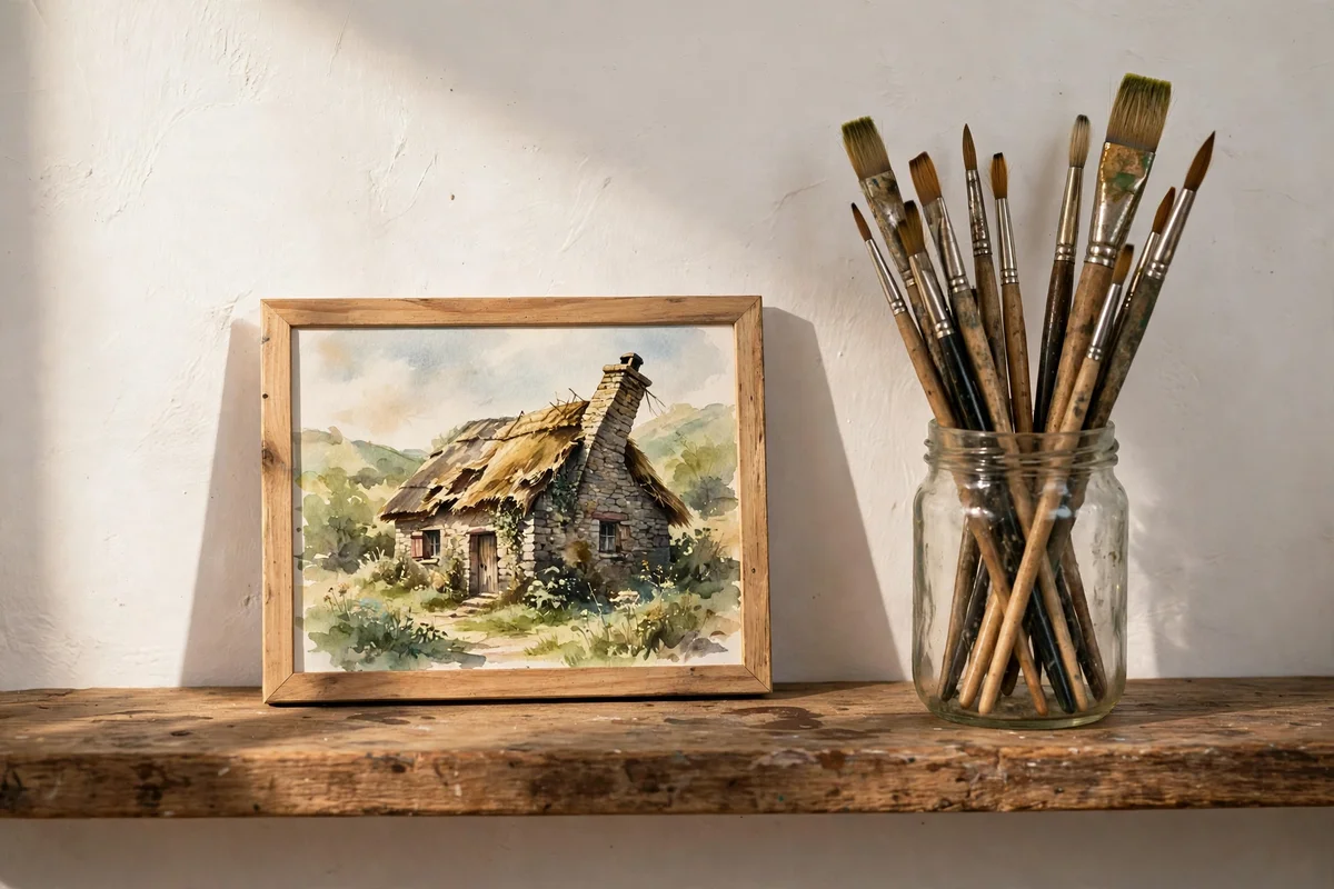 Watercolour painting of a thatched cottage with a crooked chimney on a wooden shelf