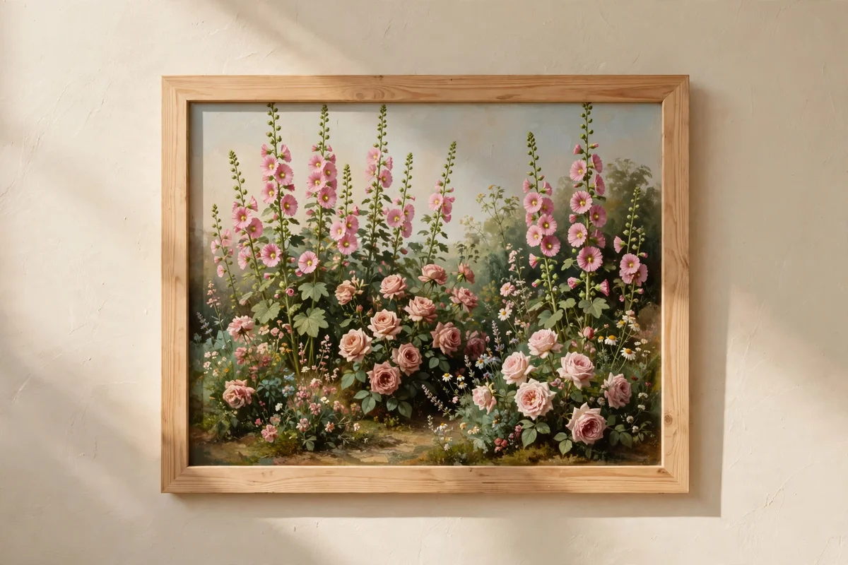 Framed painting of a cottage garden border with hollyhocks and roses in a pine frame