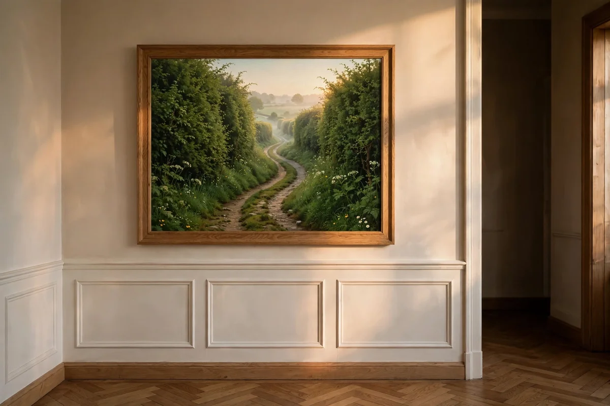 Oak-framed painting of a winding country lane with overhanging hedgerows