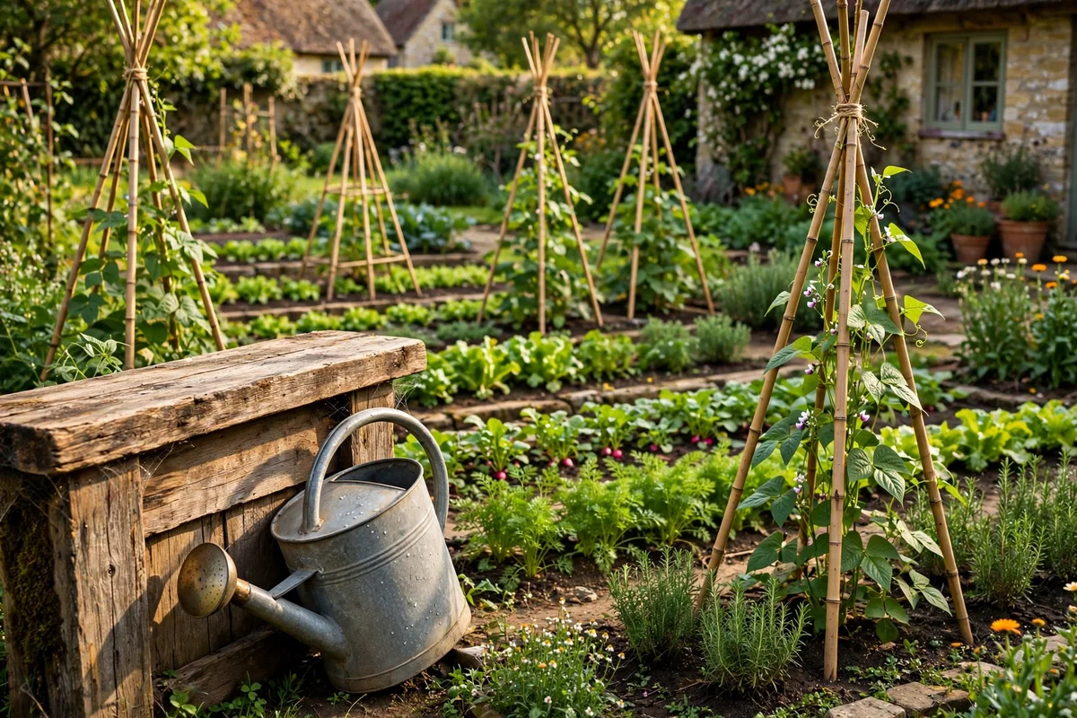 Painting of a kitchen garden with vegetable rows and bean wigwams on a mantel