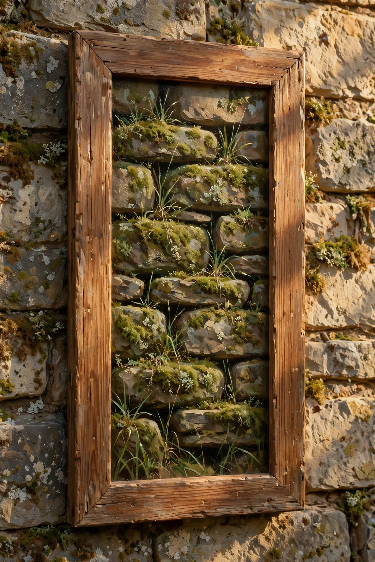 Framed painting of a mossy dry stone wall with grass in the gaps