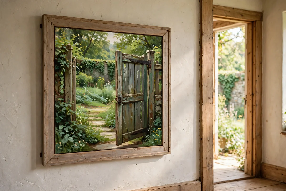 Square framed painting of a weathered wooden garden gate half open