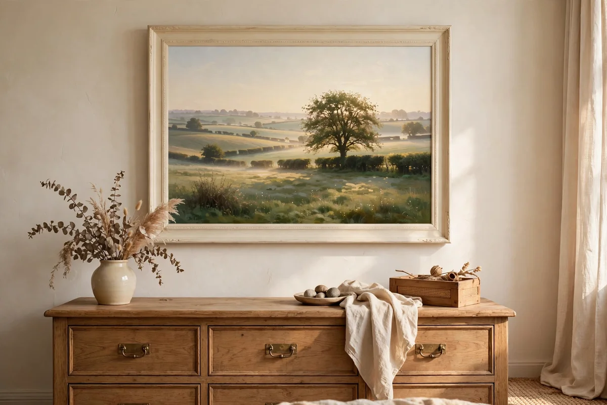 Wide framed painting of quiet rural fields at dawn with one tree
