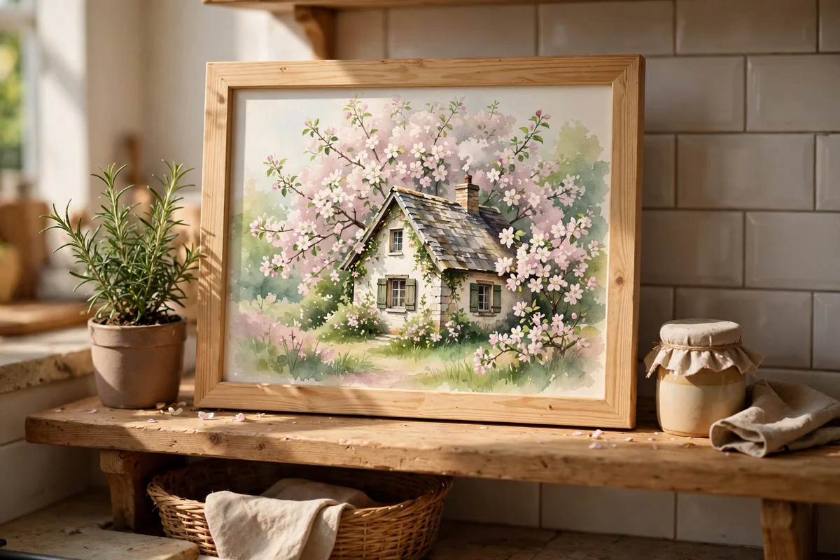 Pine-framed painting of a cottage under pink apple blossom on a shelf