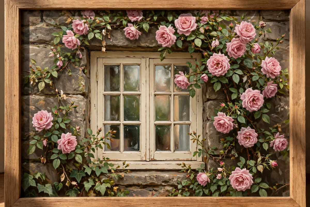 Framed close-up painting of a cottage window with climbing roses