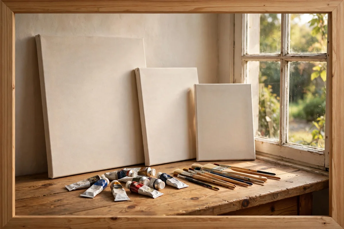 Framed still life painting of canvases, brushes and paint tubes on a table