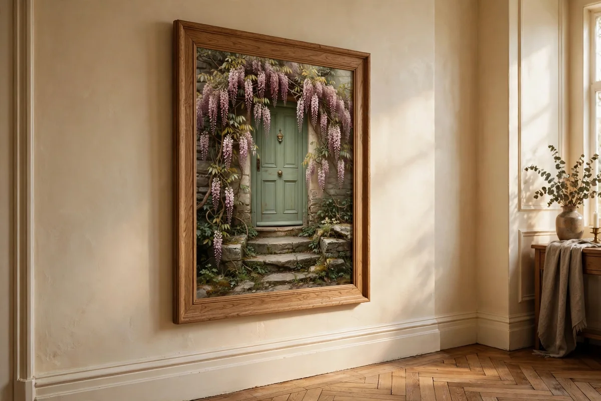 Oak-framed painting of a cottage door with dusty rose wisteria
