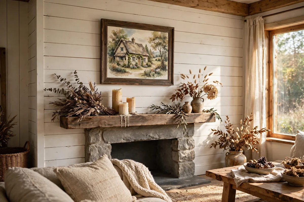 Framed cottage painting hung above a farmhouse mantel with candles