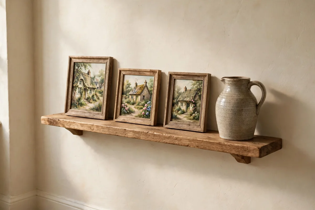 Picture ledge with three small framed cottage paintings and a jug