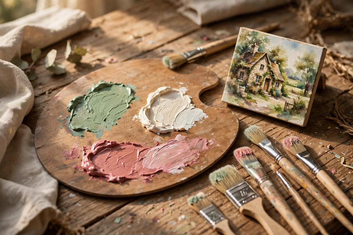 Paint palette with soft green, cream and dusty rose beside brushes