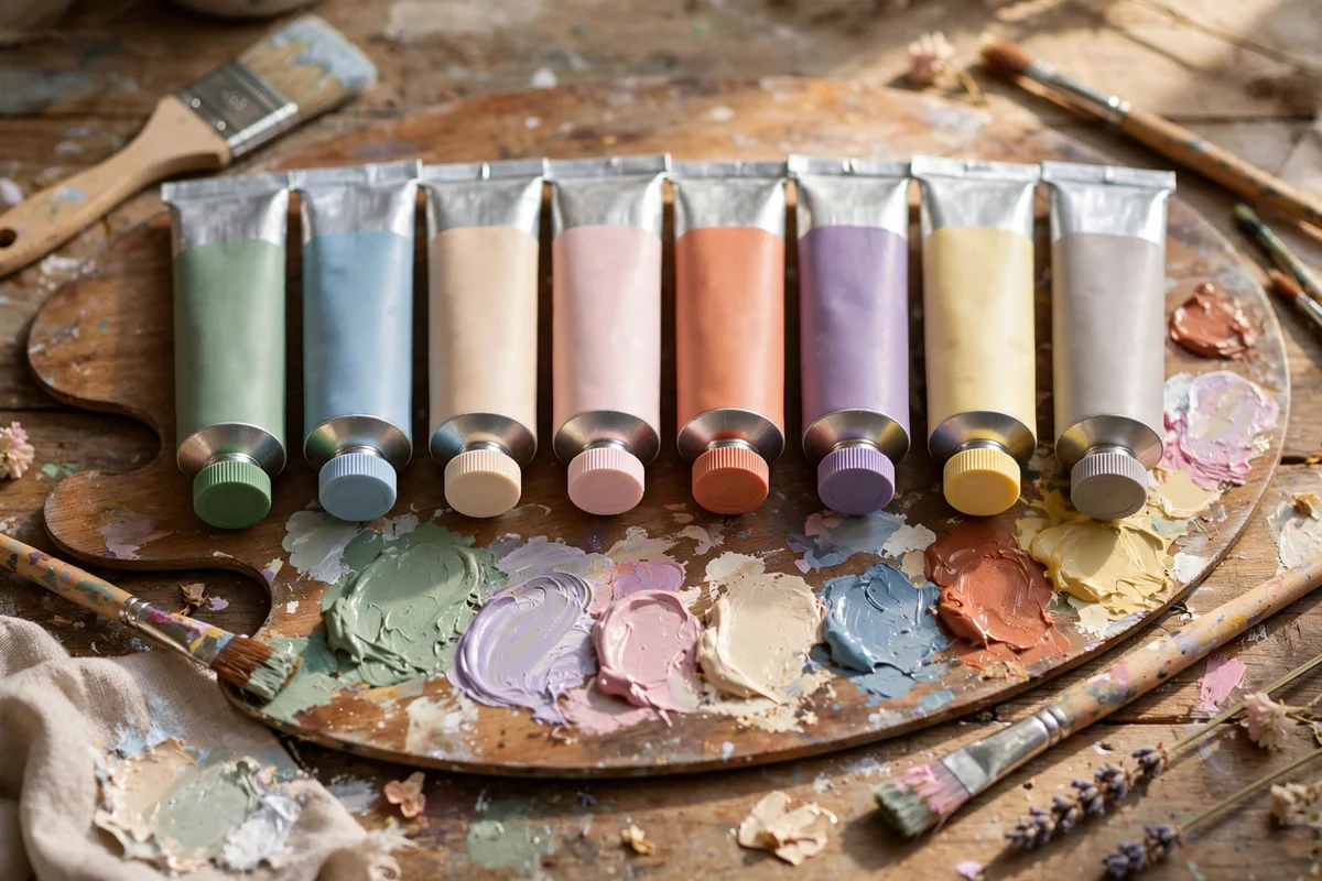 Eight paint tubes and mixed cottage colours on a wooden palette