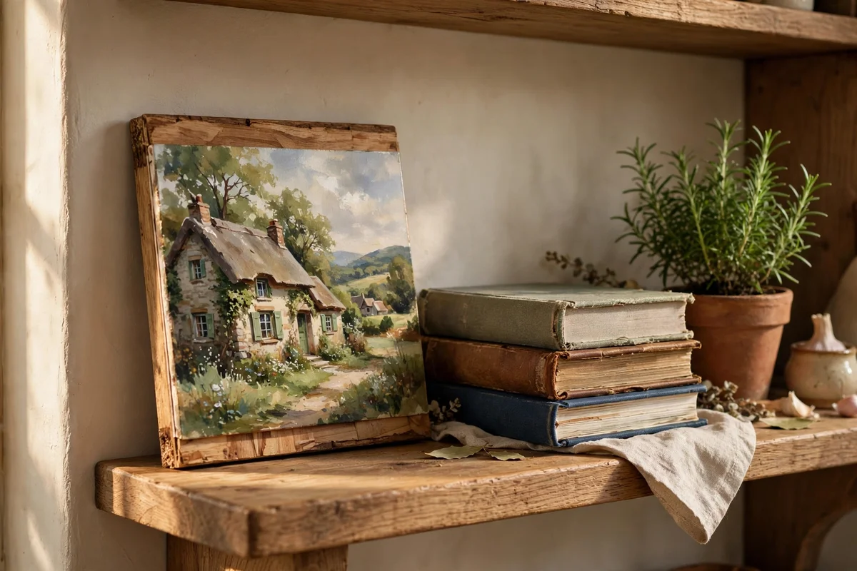 Small cottage board painting leaning on a kitchen shelf by cookbooks