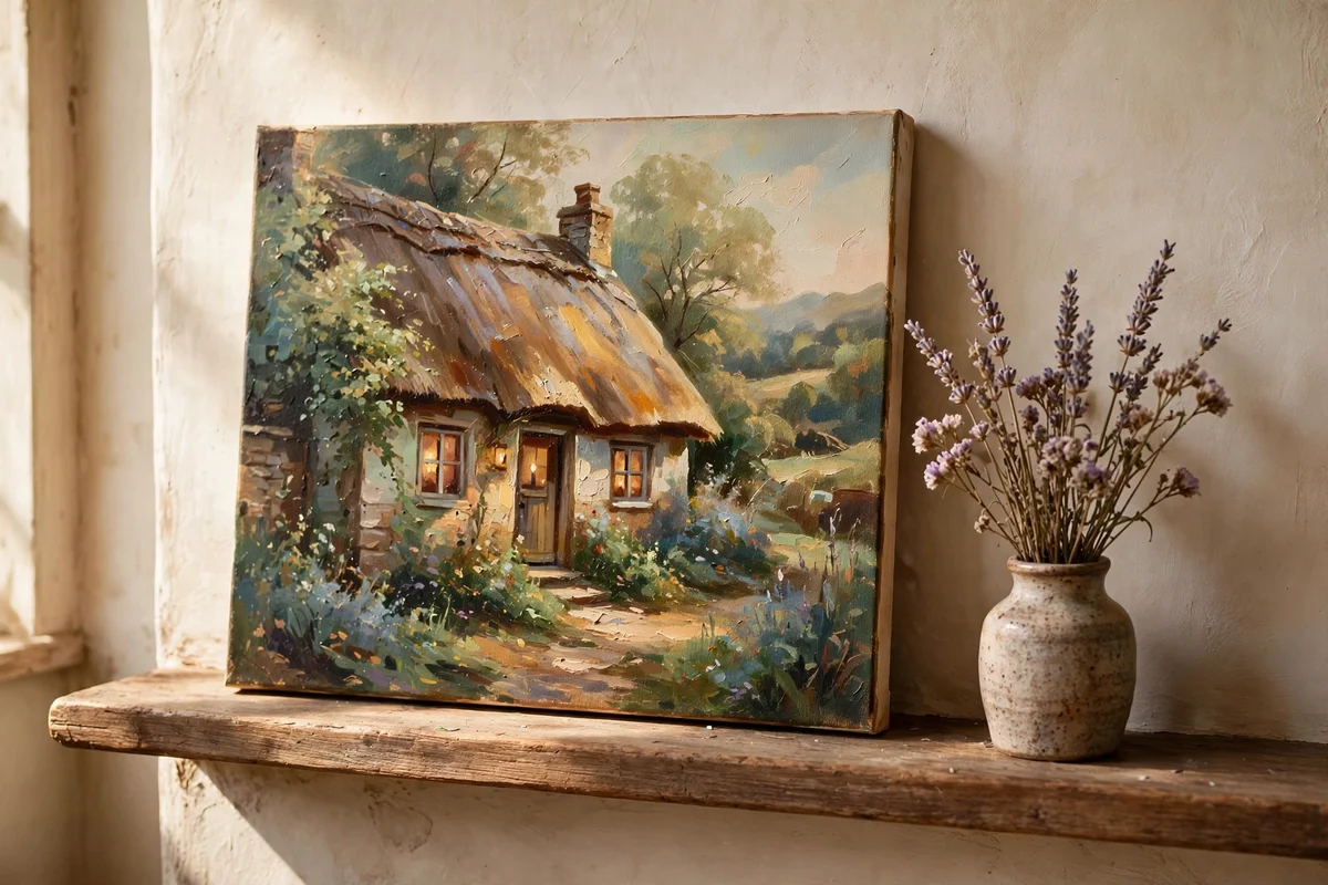 Canvas panel cottage painting on a narrow mantel with dried lavender