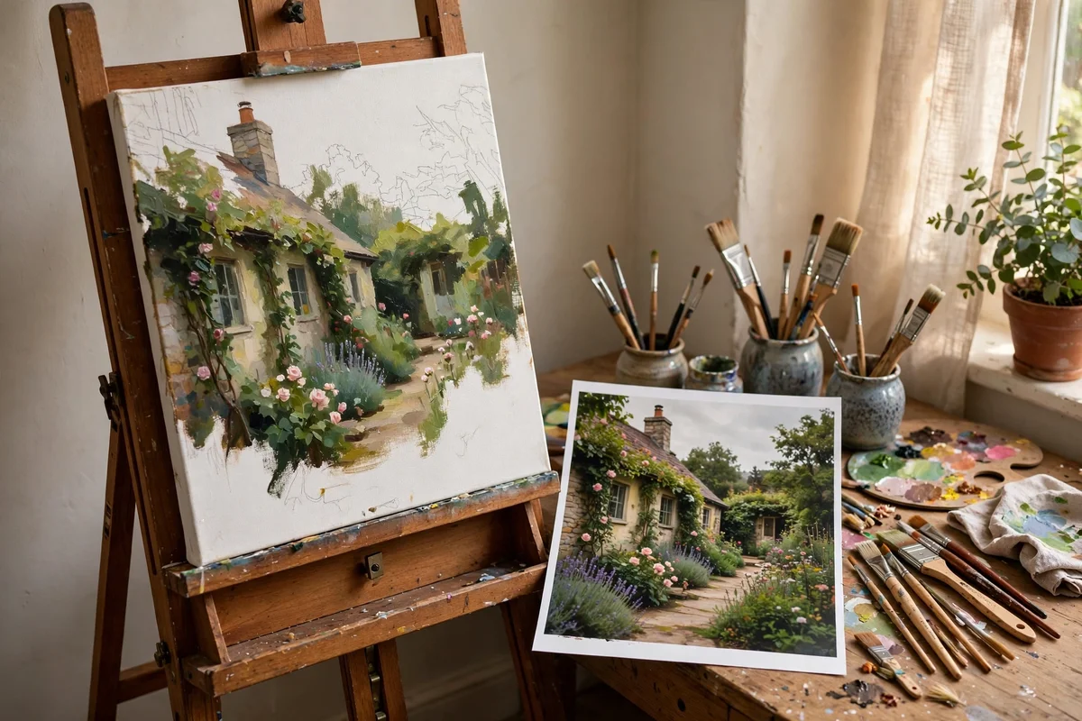 Garden painting in progress on an easel beside a reference photo