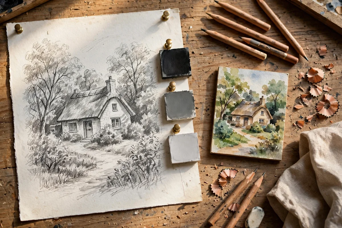 Pencil three-value sketch of a cottage beside a small painted panel