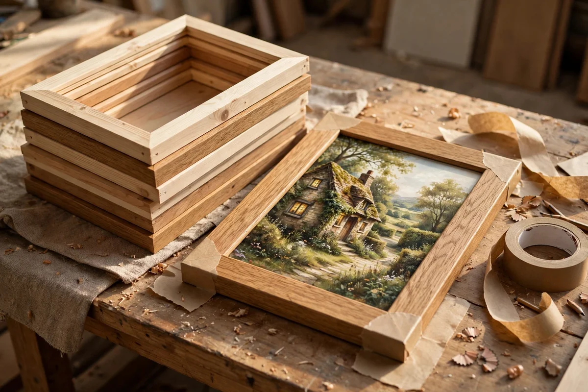 Plain oak and pine frames with a cottage painting on a worktable