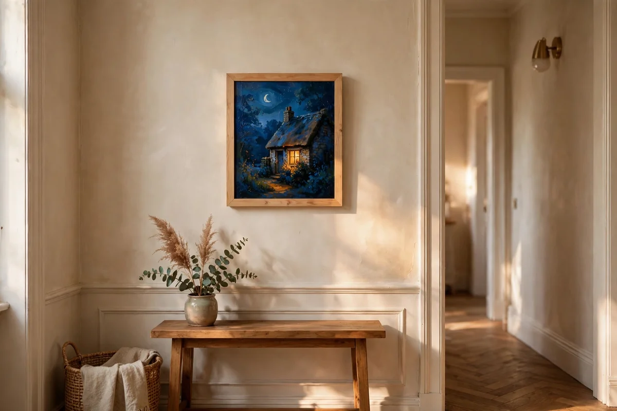 Framed painting of a cottage window glowing amber on a moonlit night