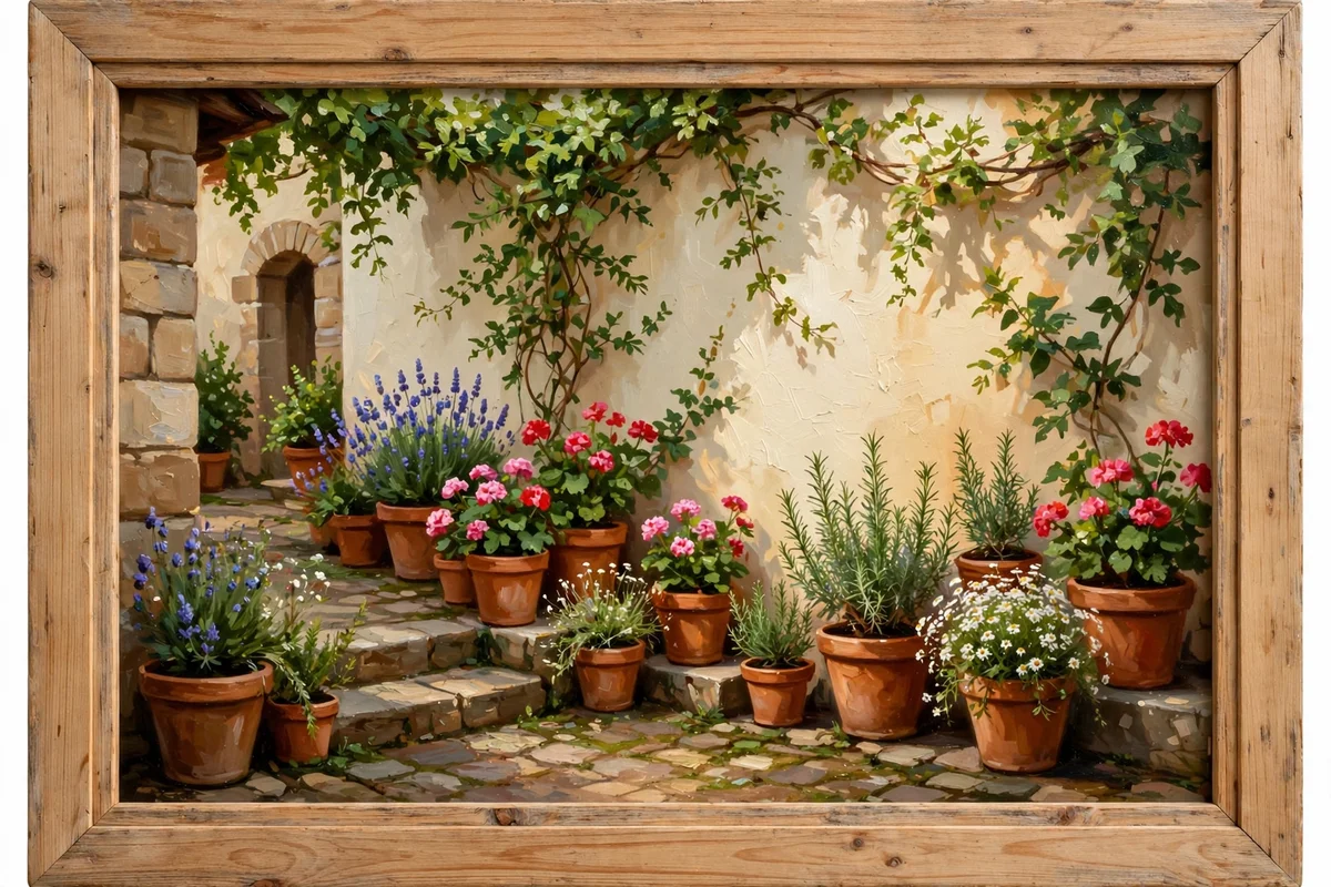 Framed painting of a cottage courtyard with terracotta pots and vines