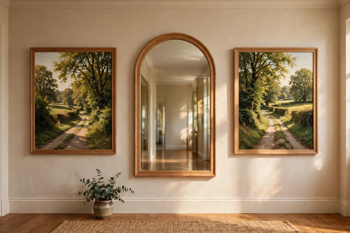 Pair of matching lane paintings flanking a mirror in a hallway