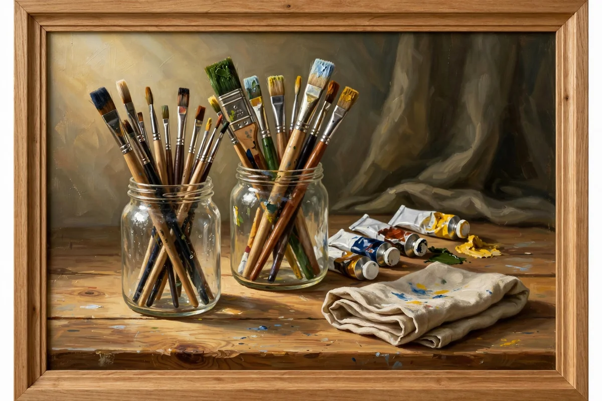 Framed still life painting of brush jars and paint tubes on pine