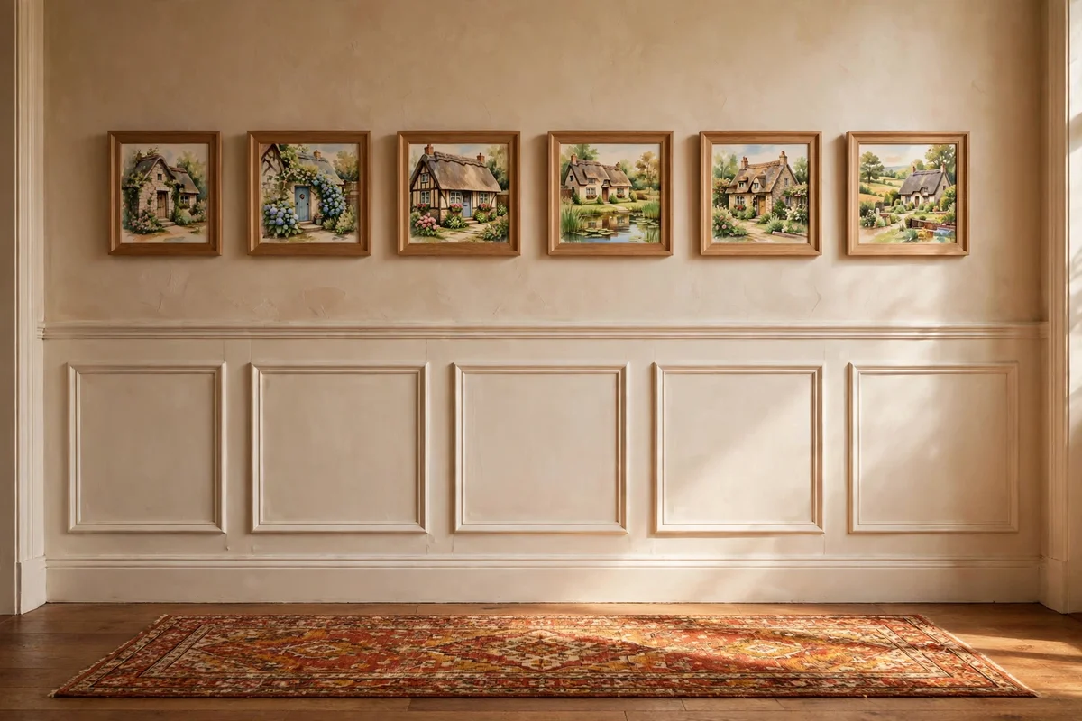 Hallway gallery row of small cottage paintings in matching wood frames