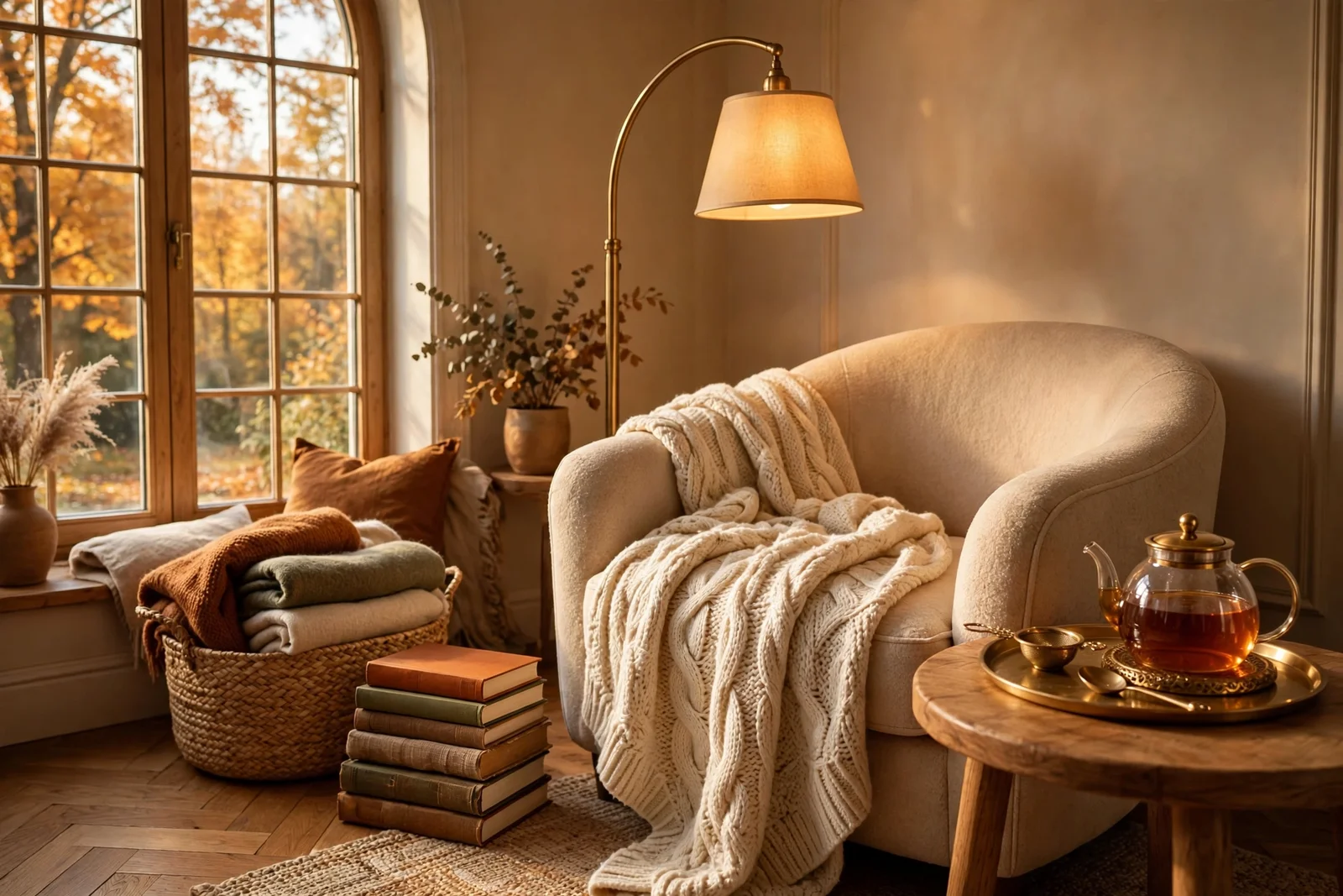 Cosy autumn reading nook with an armchair, warm lamp, knit throw and tea tray by a window