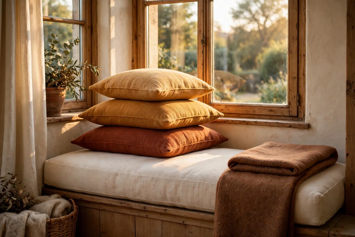 Window seat with a deep linen cushion, three layered pillows and a folded throw in warm light