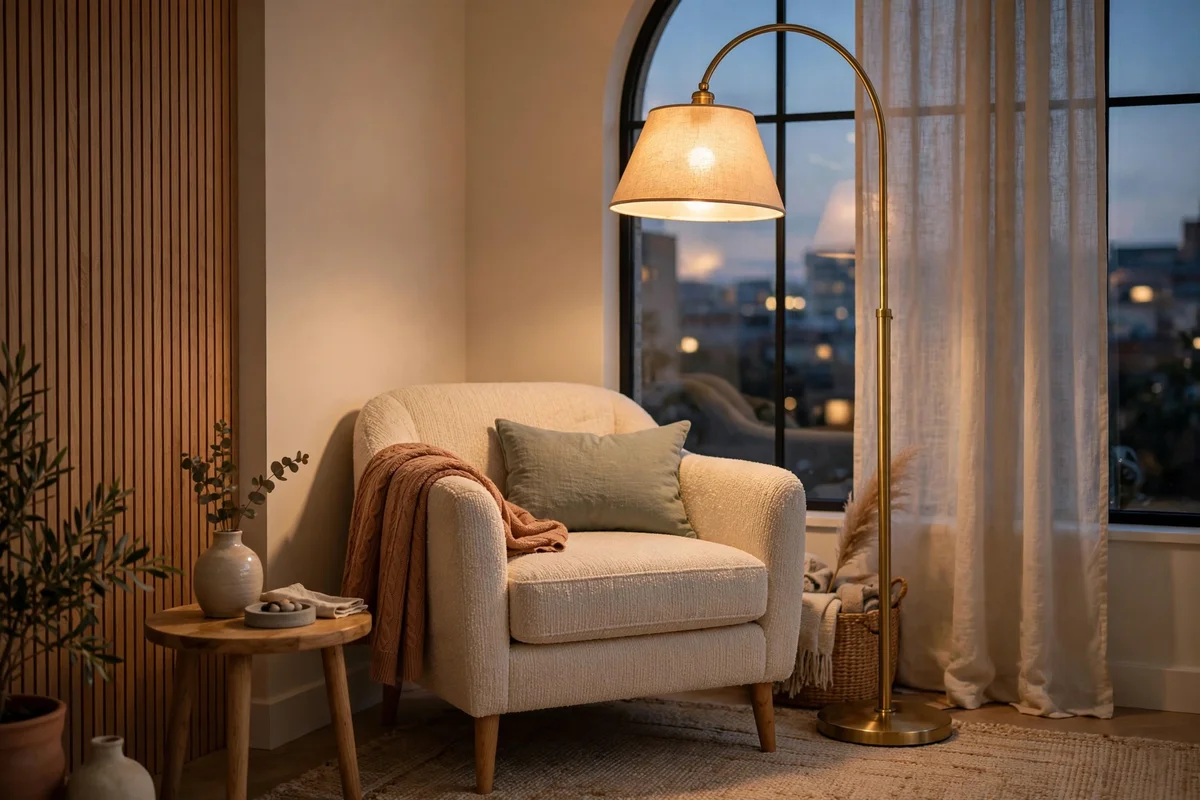 Armchair in a corner beside an arched brass floor lamp with warm glowing light