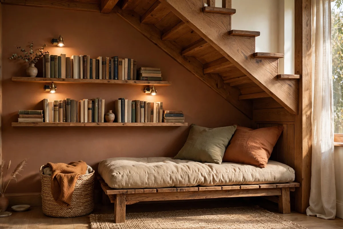 Under stairs reading spot with a low bench, book shelves and warm painted wall