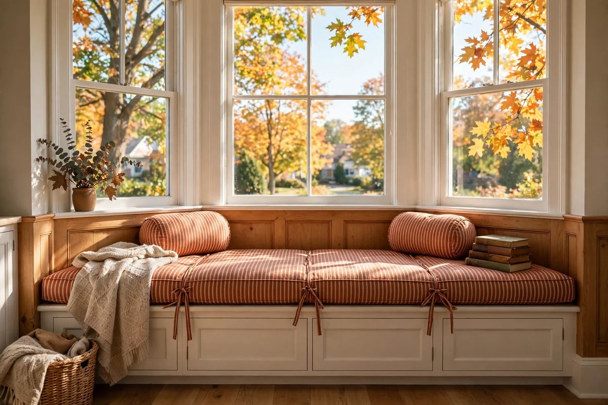 Bay window bench with a tied striped cushion, bolsters and a stack of books