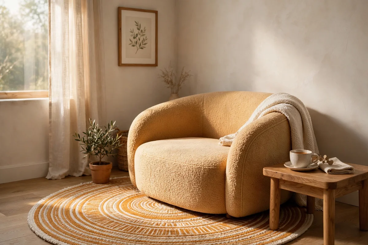 Curved tub chair in a bedroom corner on a round rug with a small side table