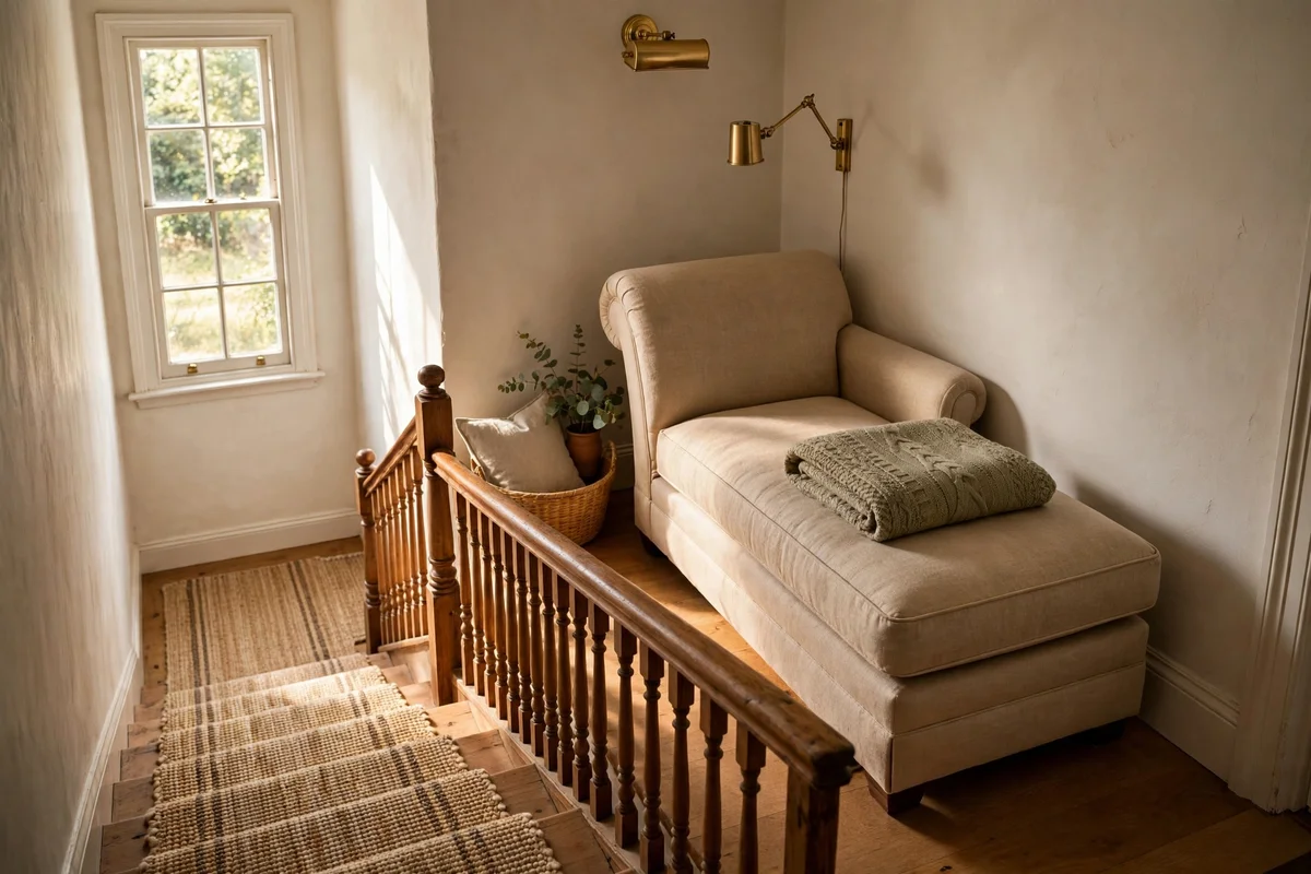 Compact chaise on a stair landing with a runner rug and wall reading light