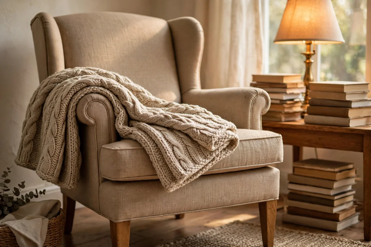 Chunky knit throw folded over the arm of a reading chair in warm light