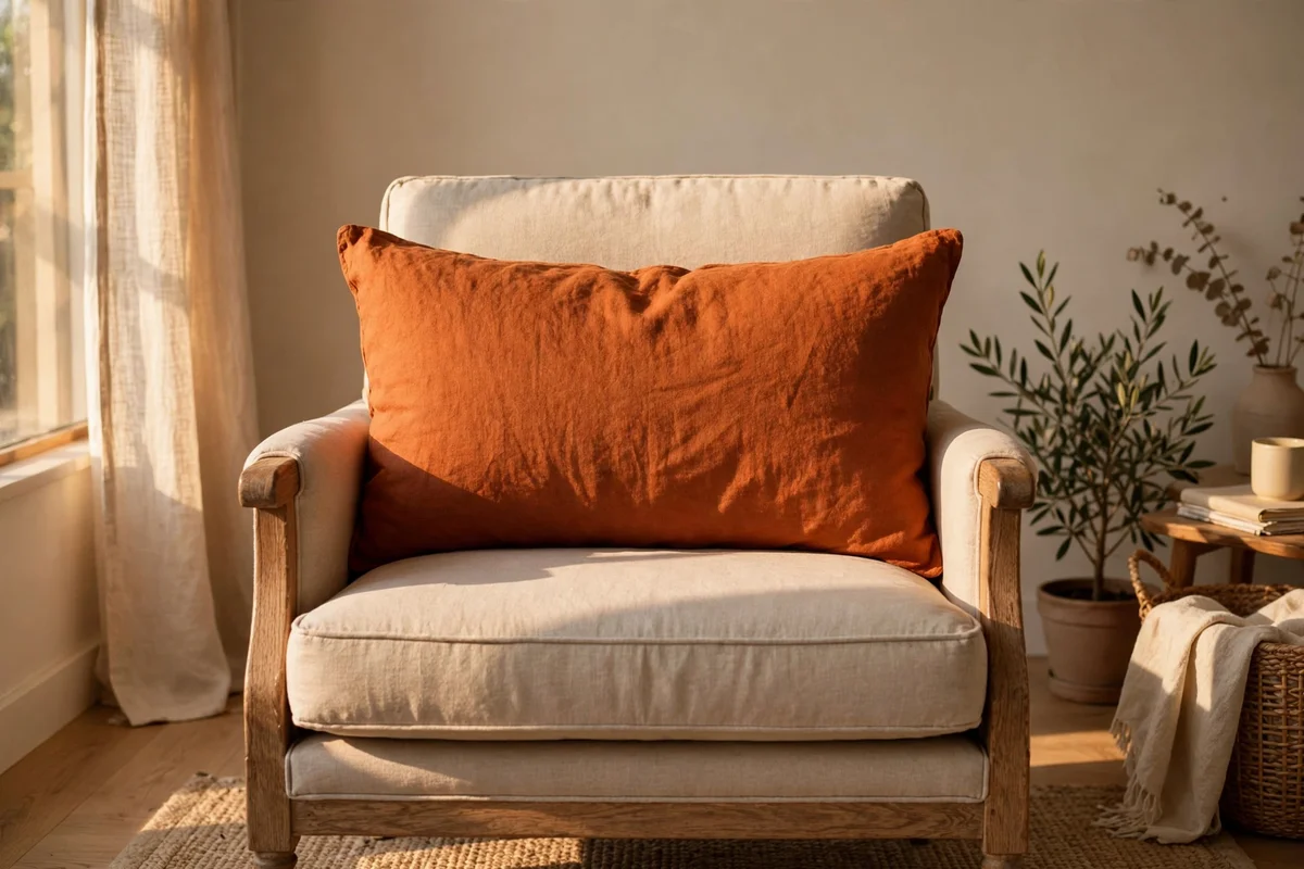 Burnt orange linen lumbar cushion on a reading chair in warm side light