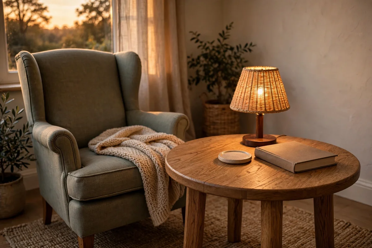 Round oak side table beside a reading chair with a lamp and a book