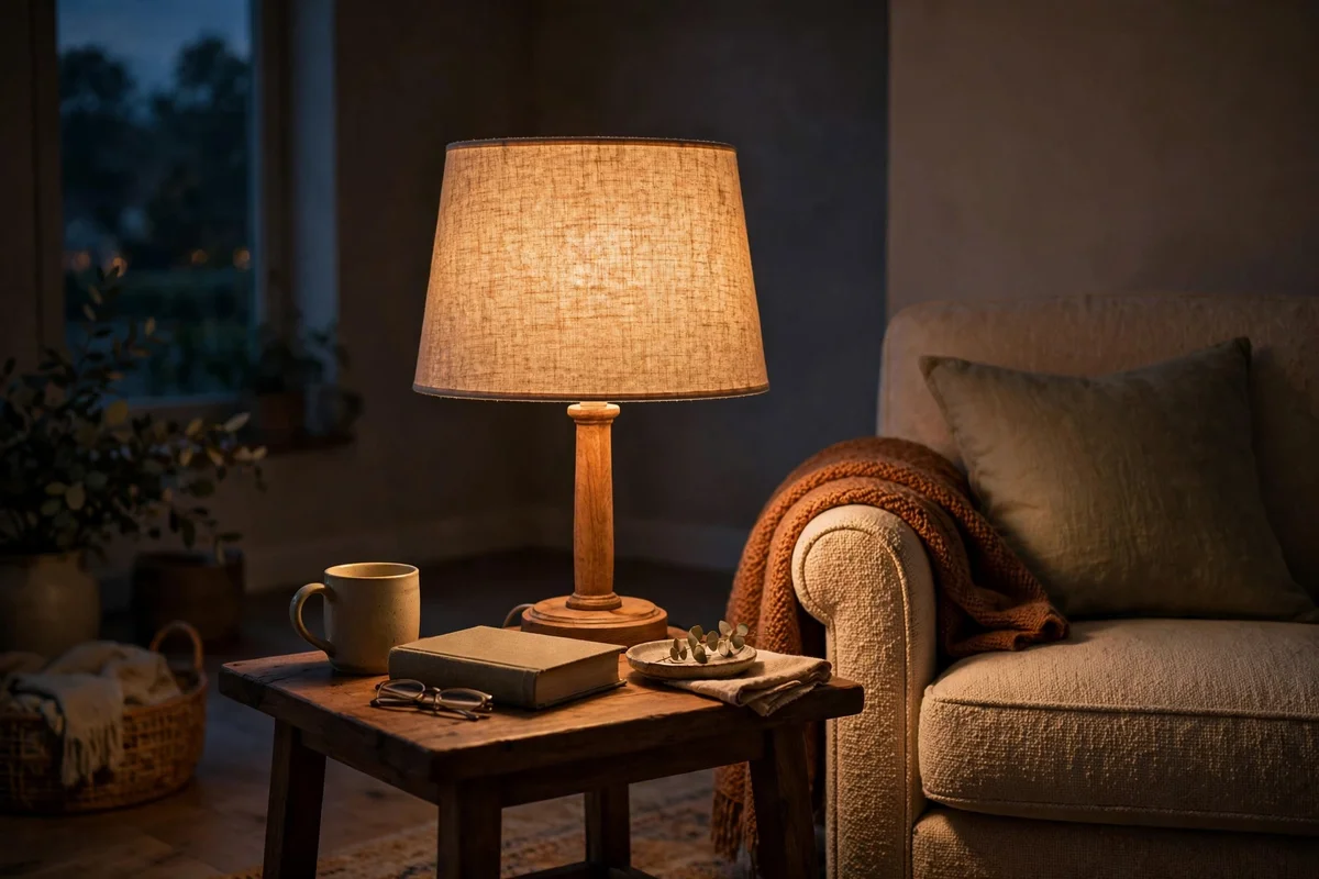 Table lamp with a linen shade casting warm light beside a reading chair