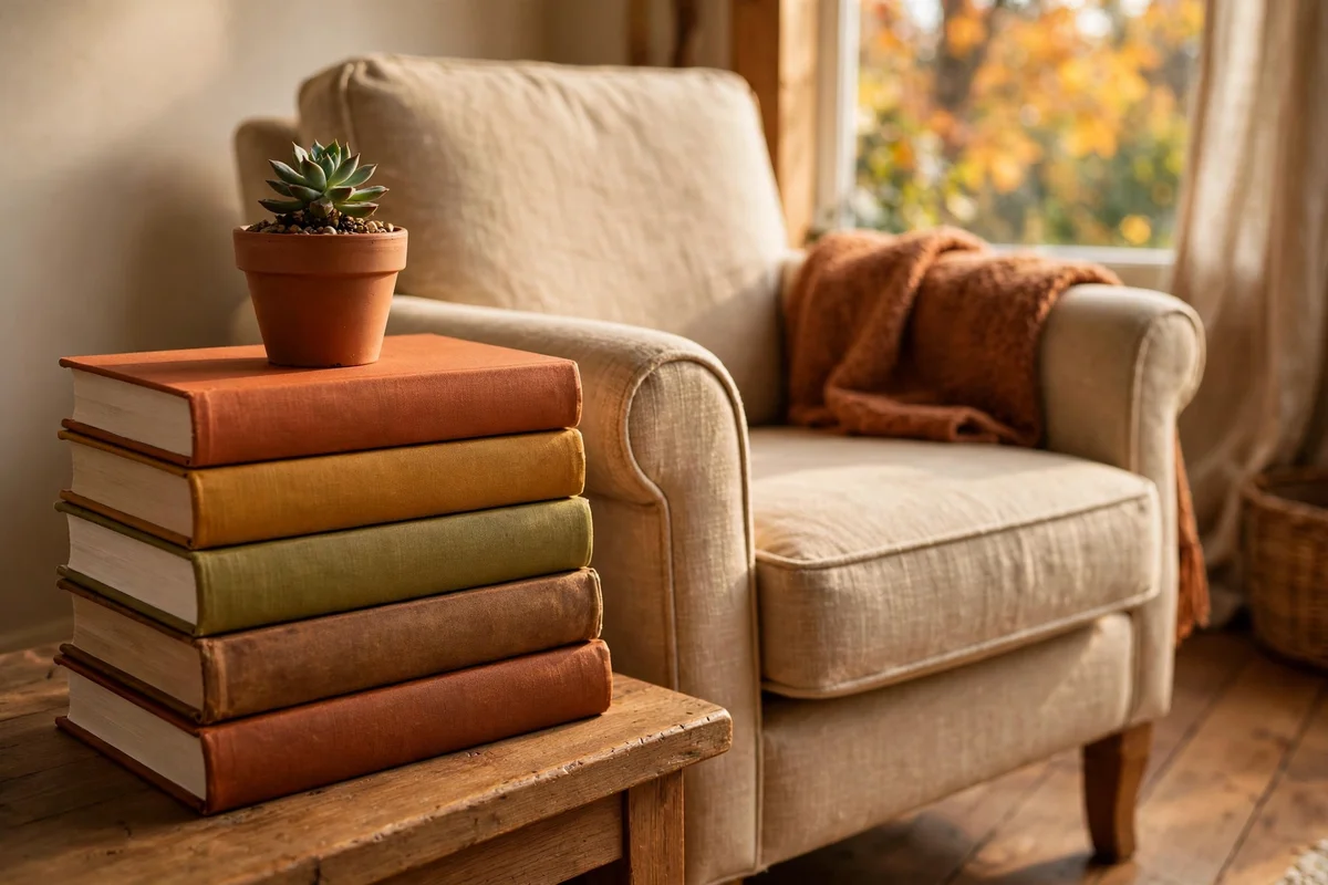 Stack of hardback books in autumn tones beside a reading chair