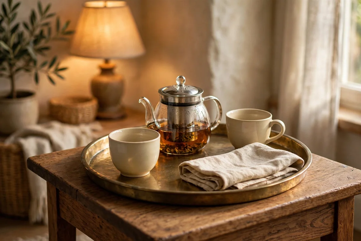 Brass tea tray with a glass teapot and two cups on a side table