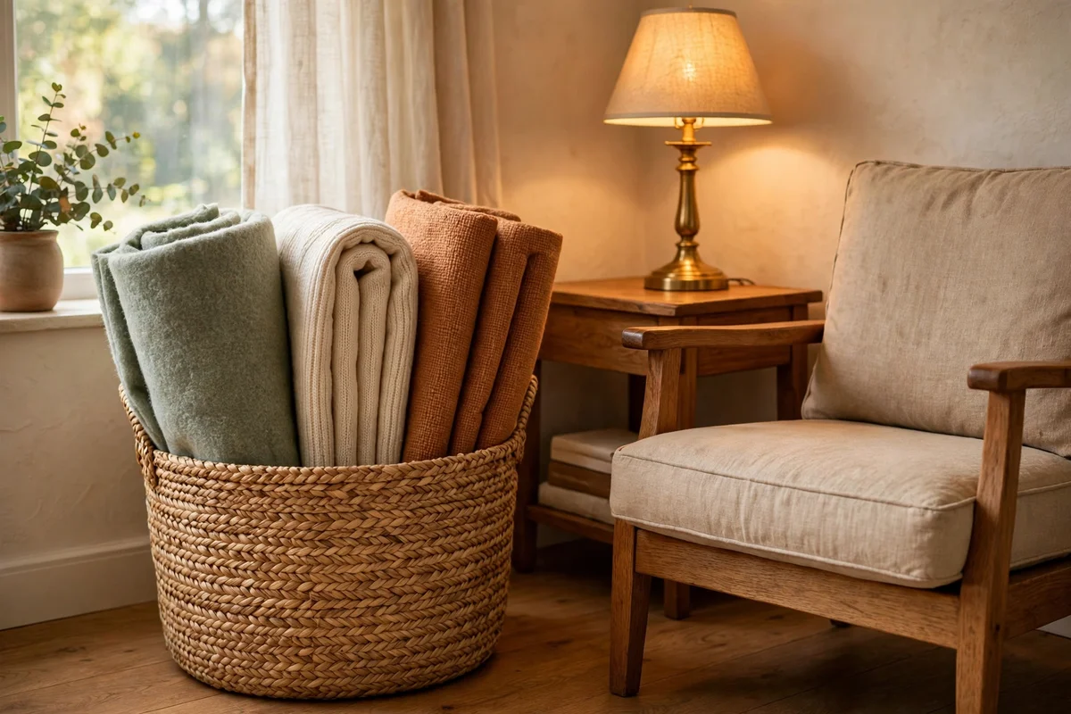 Seagrass basket of folded blankets beside a reading chair