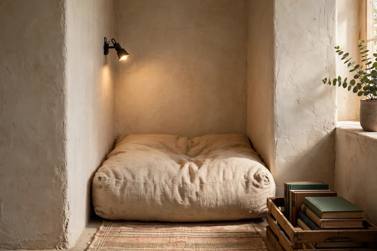 Narrow alcove nook with a floor cushion, rug and clip-on reading light