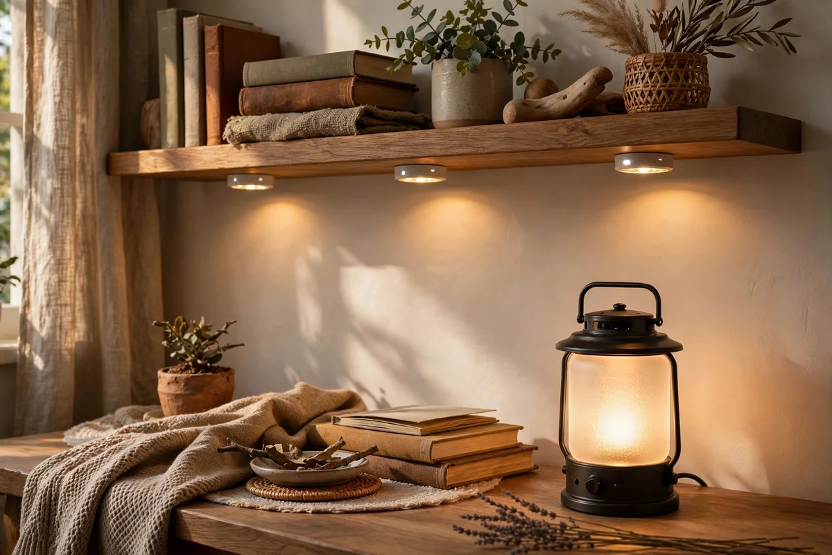 Reading corner lit by battery pucks and a rechargeable lantern