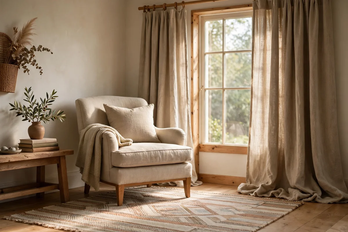 Reading corner with a flatweave rug and heavy linen curtains by a window