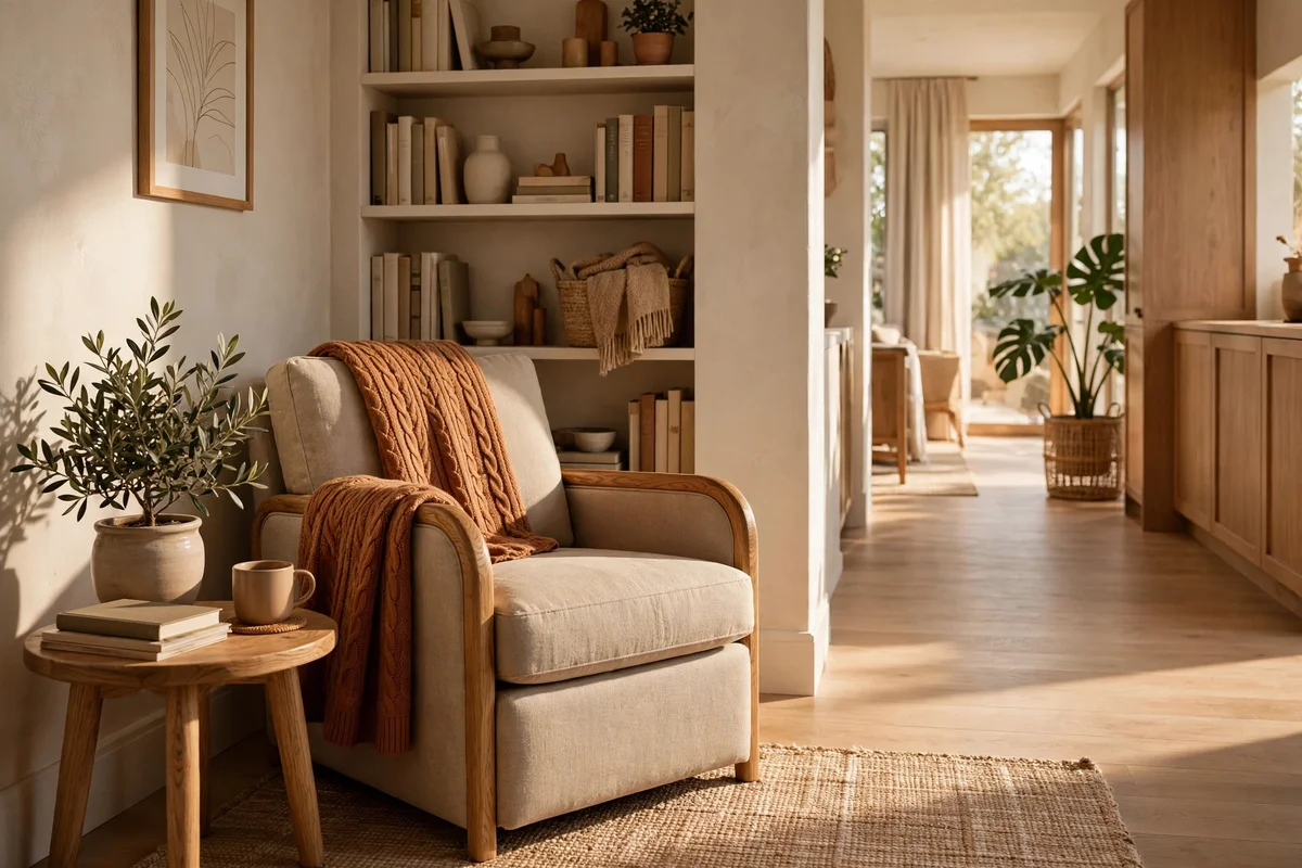 Reading chair angled in a corner with a clear walkway beside it