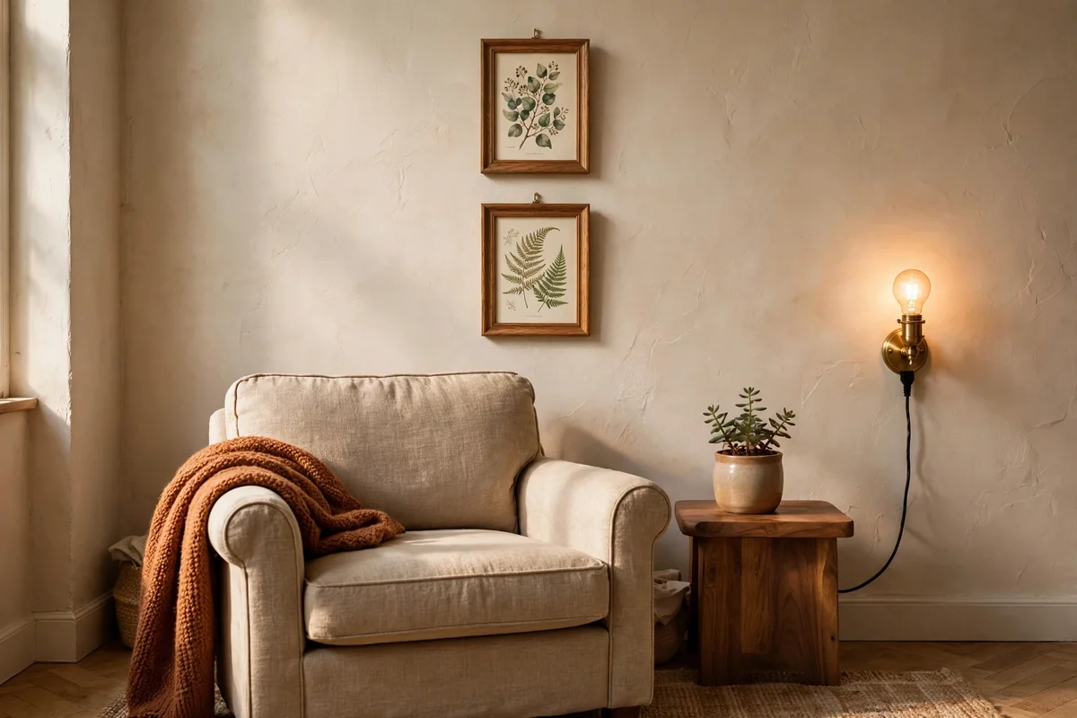 Two framed prints in a vertical pair above a reading chair with a wall sconce