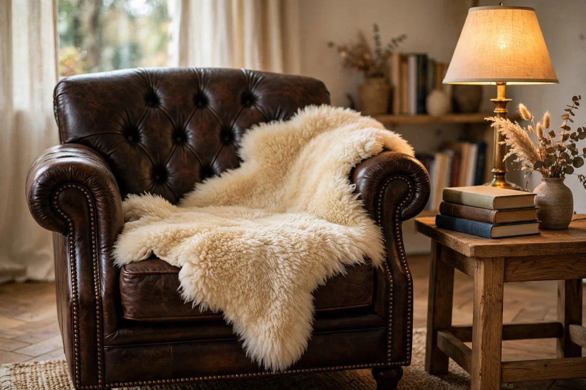 Sheepskin draped over the seat of a reading chair in warm lamplight