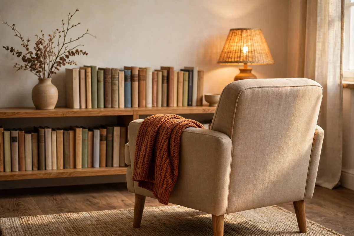 Low bookshelf behind a reading chair with books and dried branches